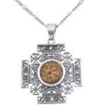 The Poor Widow's Offering - An Authentic Jesus Period Coin set in a 'Jerusalem Cross' Sterling Silver Necklace - front with chain