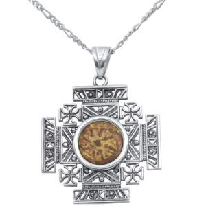 The Poor Widow's Offering - An Authentic Jesus Period Coin set in a 'Jerusalem Cross' Sterling Silver Necklace - front with chain