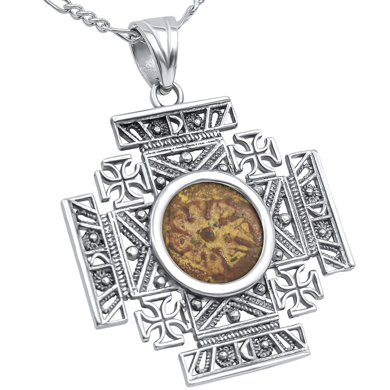 The Poor Widow's Offering - An Authentic Jesus Period Coin 'Jerusalem Cross' Sterling Silver Filigree Necklace