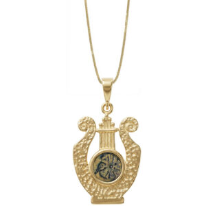 Widow's Mite Coin 14k Gold 'King David Lyre' Necklace - Handcrafted in Israel