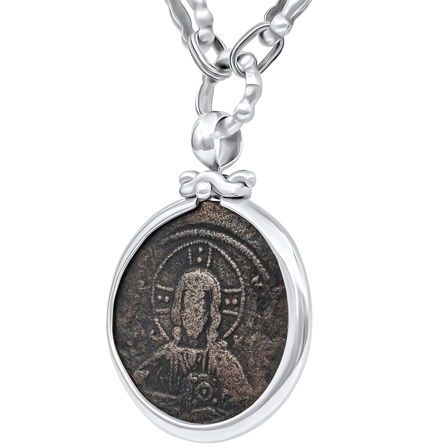 Byzantine ‘Christ Pantokrator’ Bronze Jesus Coin in 925 Silver Pendant – 950 A.D (angle view)