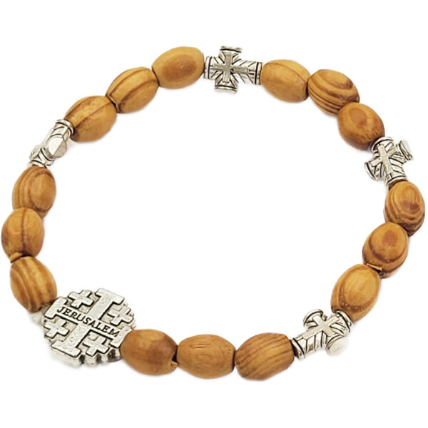 Olive Wood Bracelet with metal '2 Tone' Cross Beads and Jerusalem Cross