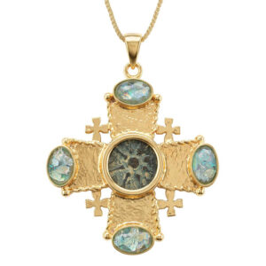 Widow's Mite Coin set in Gold 'Jerusalem Cross' with Roman Glass