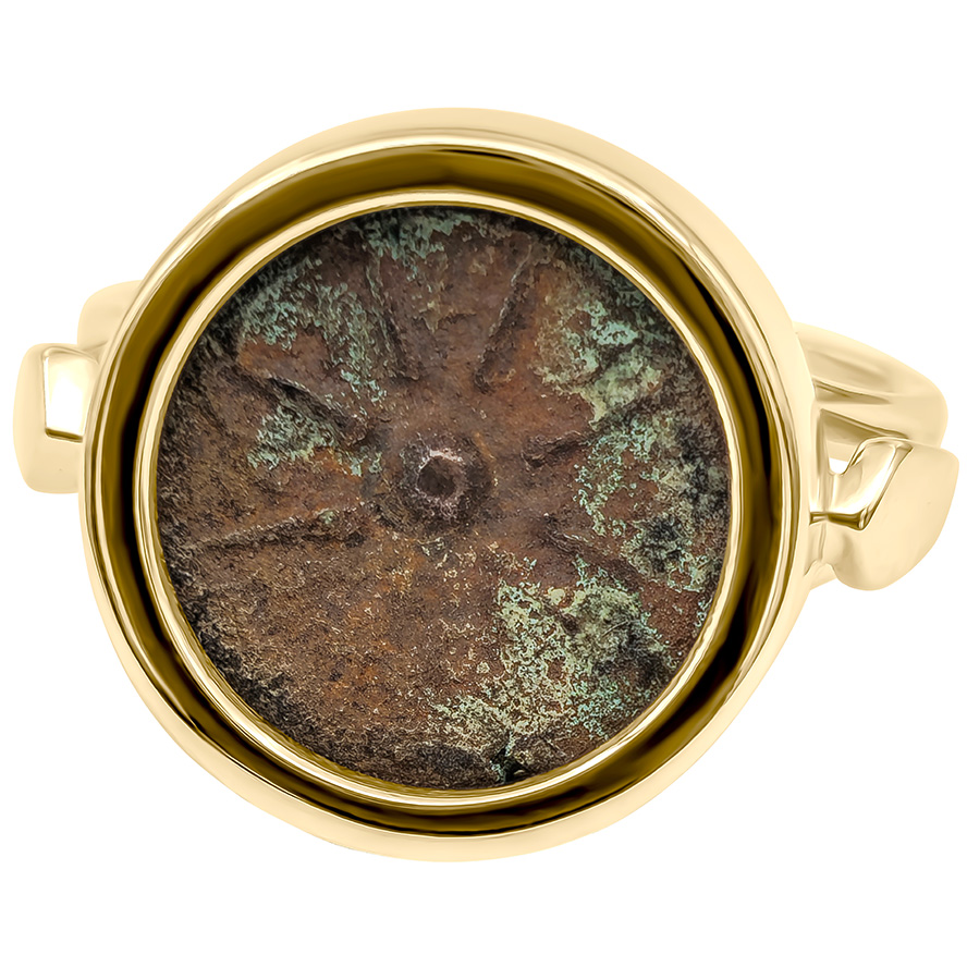 Widow’s Mite Coin in a Classic 14k Gold Ring – Made in Israel (front face)