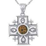 Ancient 'Widow's Mite' Coin - Mounted in a 'Jerusalem Cross' Sterling Silver Filigree Necklace - with chain detail