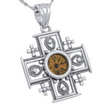 Ancient 'Widow's Mite' Coin - Mounted in a 'Jerusalem Cross' Sterling Silver Filigree Necklace - Angle detail