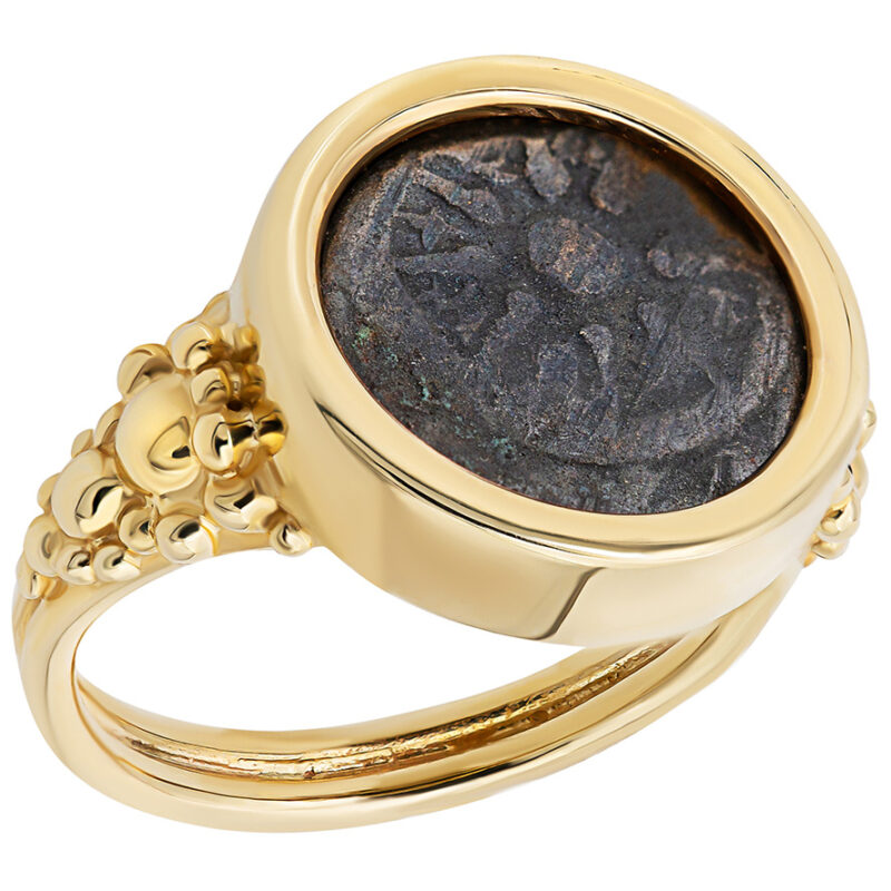 Widow's Mite Coin in 'Grape Cluster' 14k Gold Ring - Handcrafted in Israel - Certified Authentic