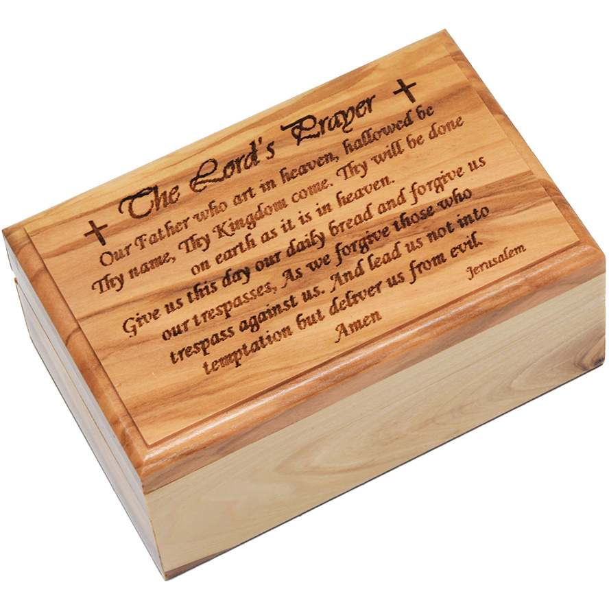 Wooden Jewelry Box: &lsquo;The Lord&rsquo;s Prayer&rsquo; Engraving - 4.3&quot; long