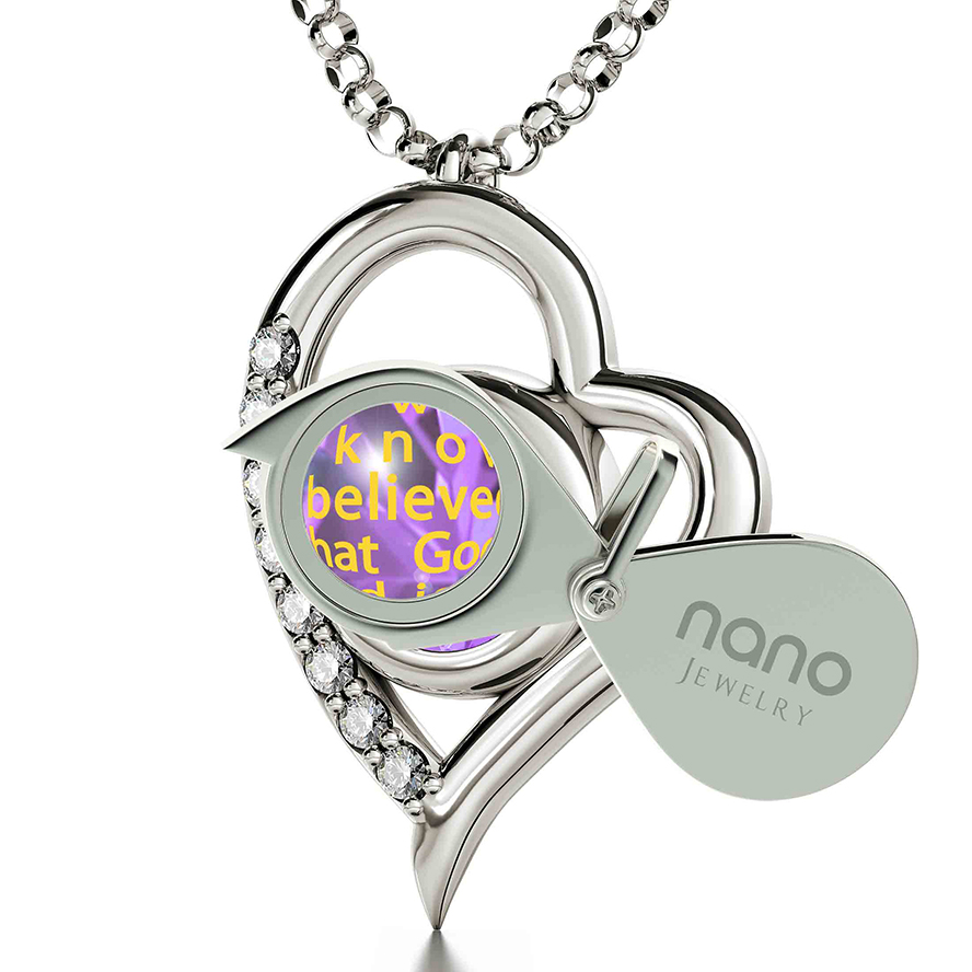 ‘1 John 4:16’ Nano 24k Gold Inscribed Swarovski 925 Silver Heart Necklace (magnifying glass)