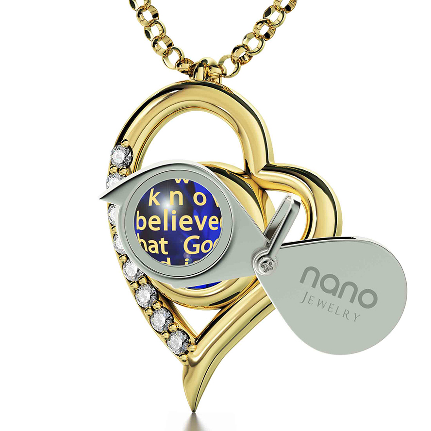 ‘1 John 4:16’ Nano 24k on Zirconia 14k Gold Heart Diamond Necklace (with magnifying glass)