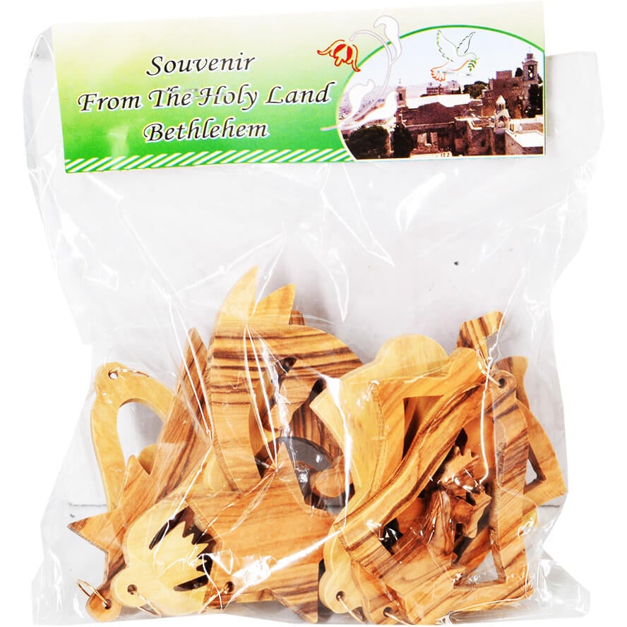 Pack of 10 Olive Wood Christmas Tree Ornaments package