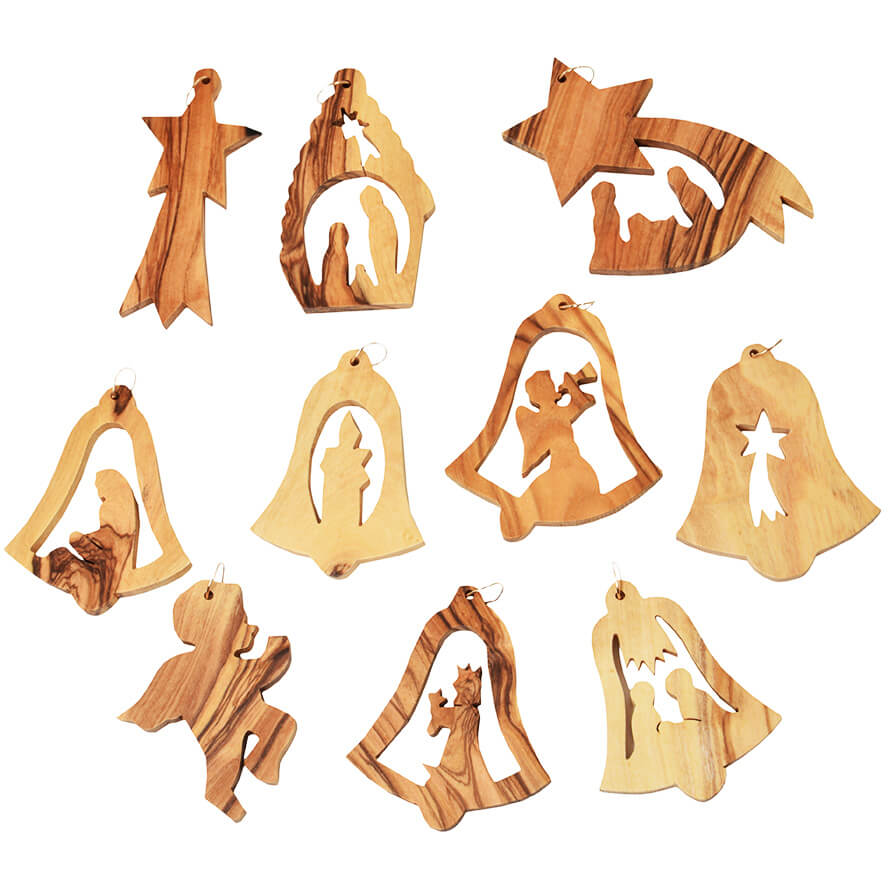Pack of 10 Olive Wood Christmas Tree Ornaments