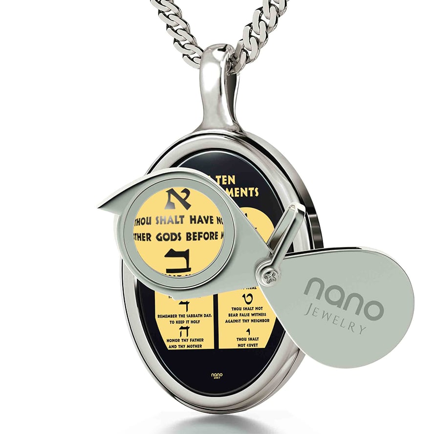 The Ten Commandments - 24k Scripture on Onyx Sterling Silver Oval Necklace (with supplied magnifier)