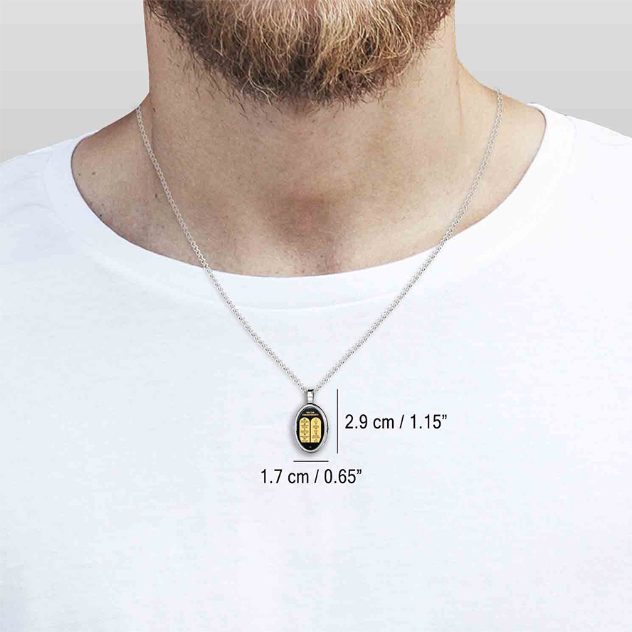 The Ten Commandments – 24k Scripture on Onyx Sterling Silver Oval Necklace (worn by man)