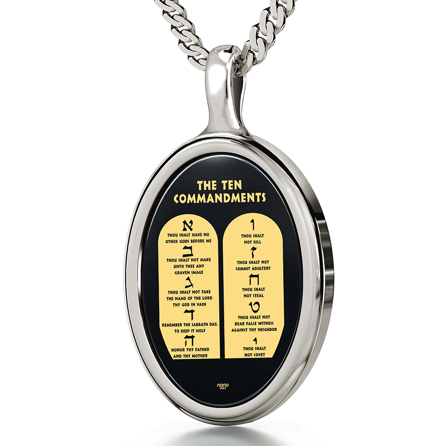 The Ten Commandments – 24k Scripture on Onyx Sterling Silver Oval Necklace
