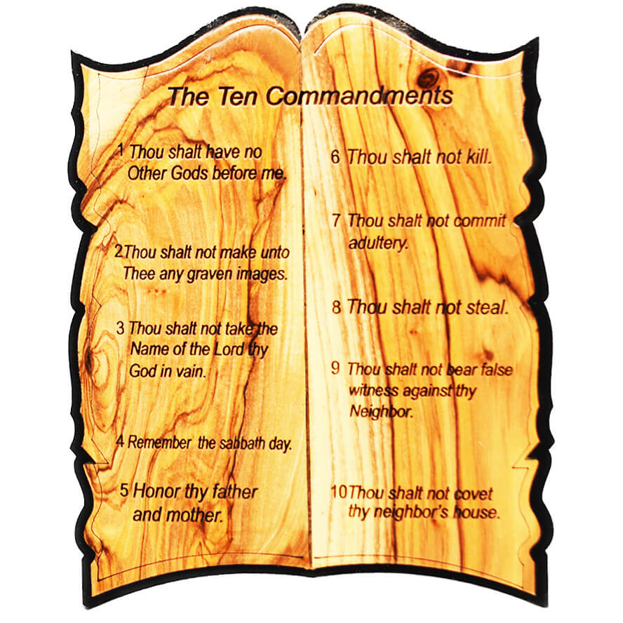 ‘The Ten Commandments’ Olive Wood Plaque – Free Standing – Made in Israel (front view)