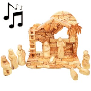 Musical Nativity with Faceless Figurines from Olive Wood in Bethlehem - 11" (front view)