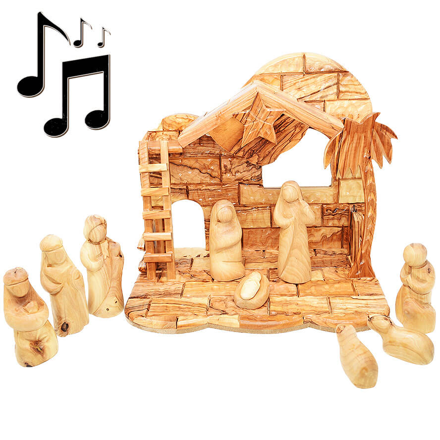 Musical Nativity with Faceless Figurines from Olive Wood in Bethlehem – 11″ (front view)