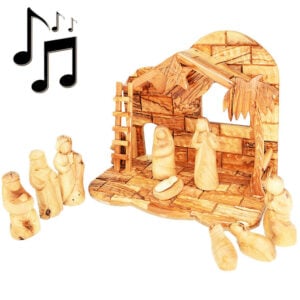 Musical Nativity with Faceless Figurines from Olive Wood in Bethlehem - 11"