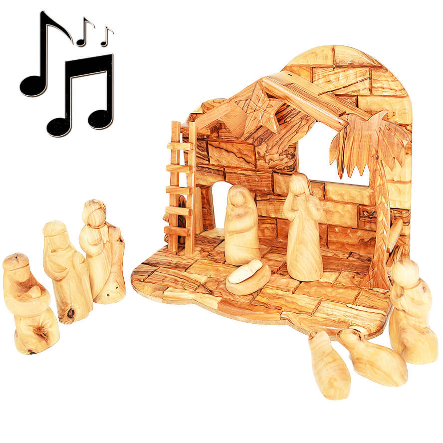 Musical Wooden Nativity with Faceless Figurines from Olive Wood in Bethlehem – 11″