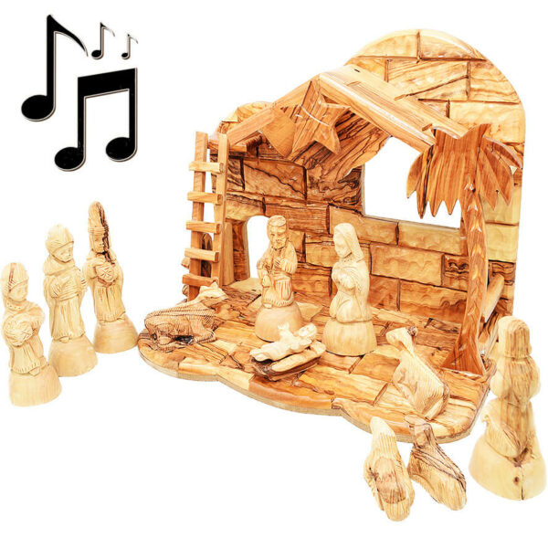 11" Olive Wood Musical Nativity with Detailed Figurines - Made in Israel