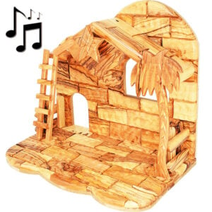 Nativity Stable Only - Olive Wood from Bethlehem with Music Box - 11" (side view)
