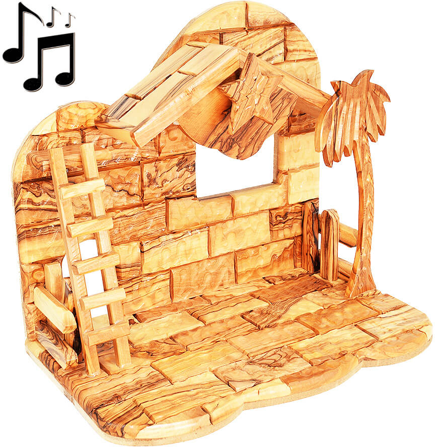 Nativity Stable Only - Olive Wood from Bethlehem with Music Box - 11