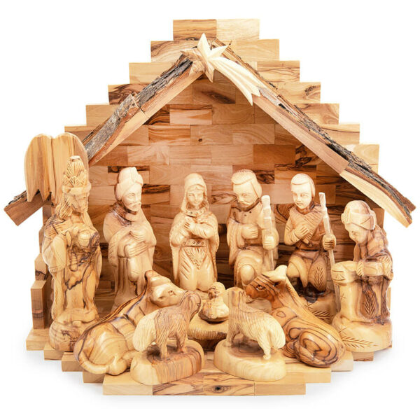Christmas Olive Wood Nativity Scene with Bark Roof - 12 inch