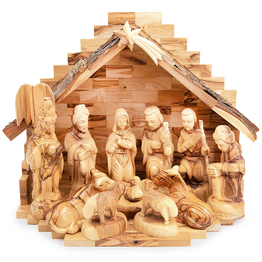 Christmas Olive Wood Nativity Scene with Bark Roof – 12 inch