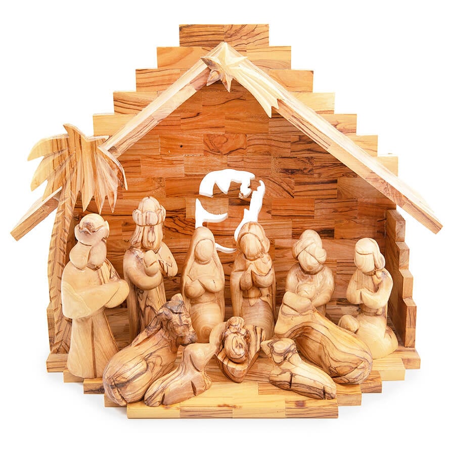 Full Christmas Olive Wood Nativity Set - Faceless Figurines - 12 inch
