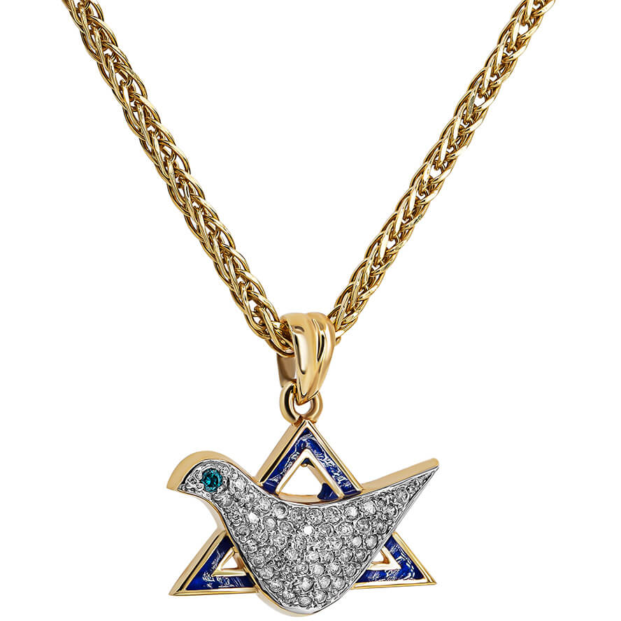 'Dove in Star of David' 14k Gold Diamond Necklace with Blue Enamel (with chain)