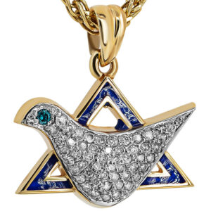 Dove in Star of David' 14k Gold Diamond Necklace with Blue Enamel