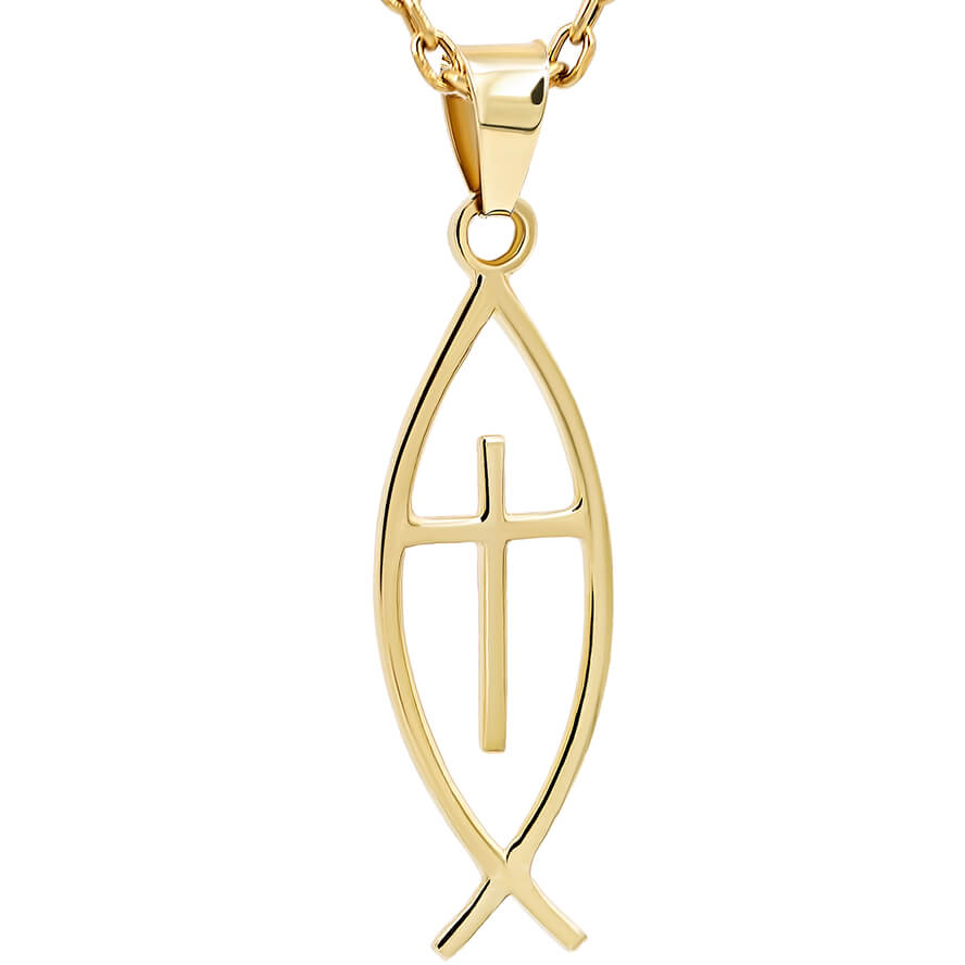 14k Gold Christian ‘Fish with Cross’ Pendant – Made in Jerusalem
