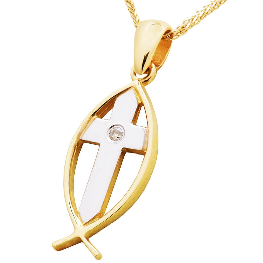 14k Gold Christian 'Fish with Cross' and Diamond Pendant - Made in Jerusalem