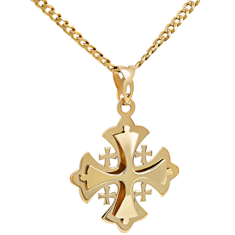 ‘Jerusalem Cross’ 14k Gold – 3D Five-fold Cross Pendant (with chain)