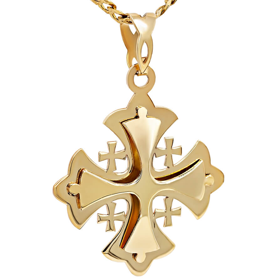 Jerusalem Cross’ 14k Gold – 3D Five-fold Cross Pendant