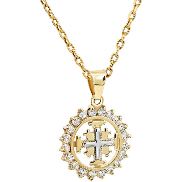 'Jerusalem Cross' 14k Gold Circular Pendant - Zircon (with chain)