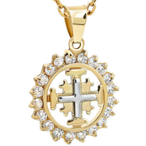 Jerusalem Cross' 14k Gold Circular Pendant - Zircon