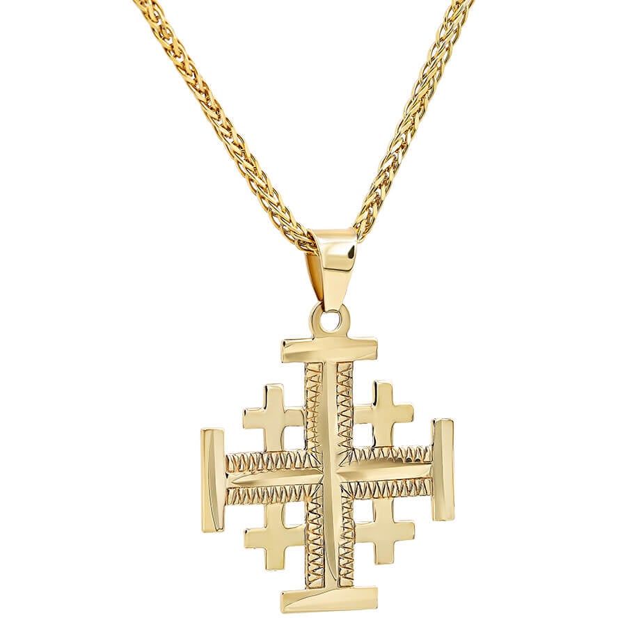 Classic ‘Jerusalem Cross’ 14k Gold Pendant made in the Holy Land (with chain)