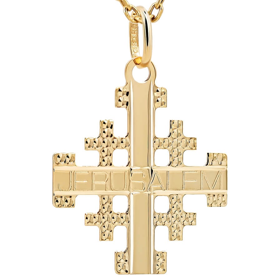 Classic 'Jerusalem Cross' 14k Gold Etched Pendant made Israel