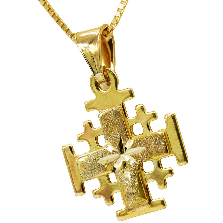 ‘Jerusalem Cross’ 14k Gold Pendant with Star Engraving