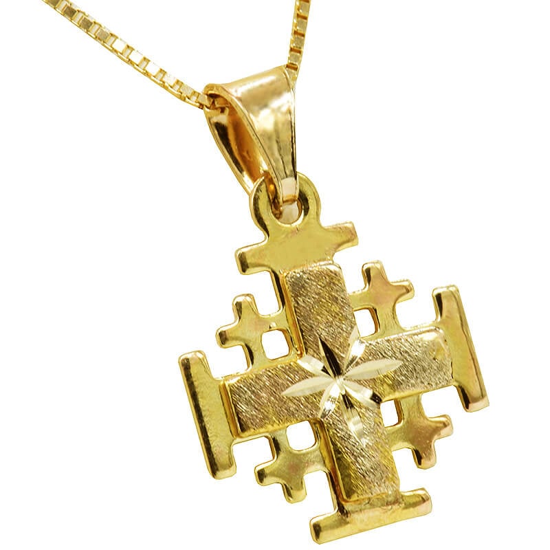 Jerusalem Cross’ 14k Gold Pendant with Star Engraving