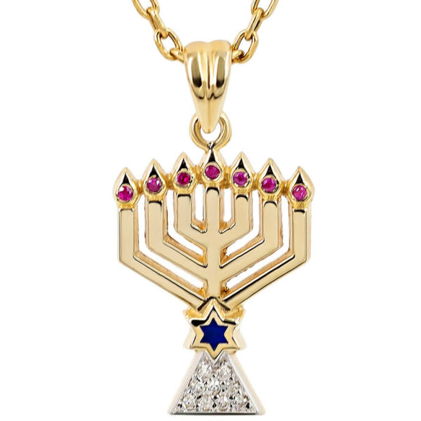 Menorah in 14k Gold with Ruby Flames and Diamond Base Pendant