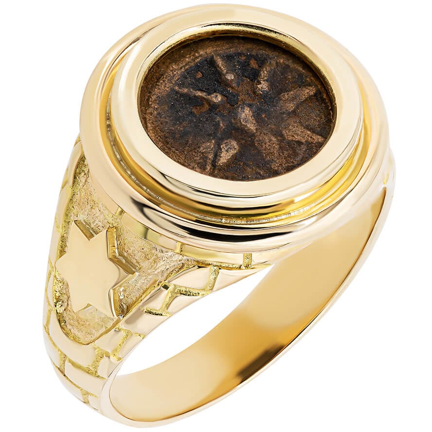 Widow’s Mite Coin in ‘Star of David’ 14k Gold Ring – Jerusalem Walls