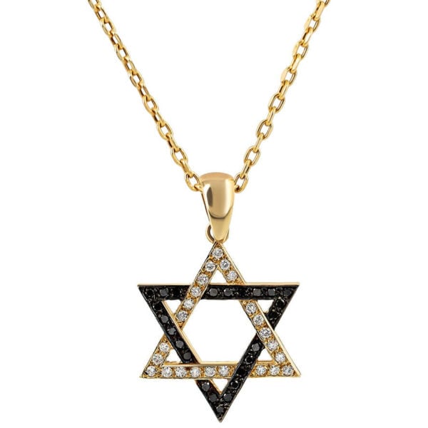 'Star of David' 14k Gold Pendant encrusted with Black and White Diamonds (with chain)