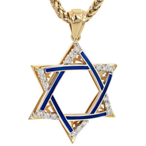 Large 'Star of David' 14k Gold Diamond Pendant with Blue Enamel