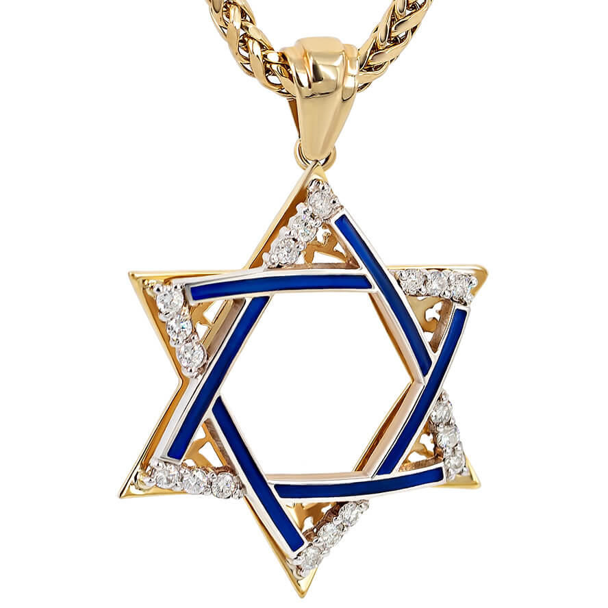 Large ‘Star of David’ 14k Gold Diamond Pendant with Blue Enamel