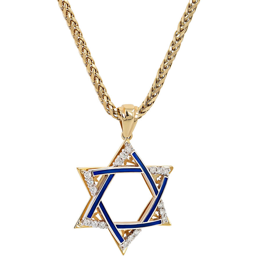 Large ‘Star of David’ 14k Gold Diamond Pendant with Blue Enamel (with chain)