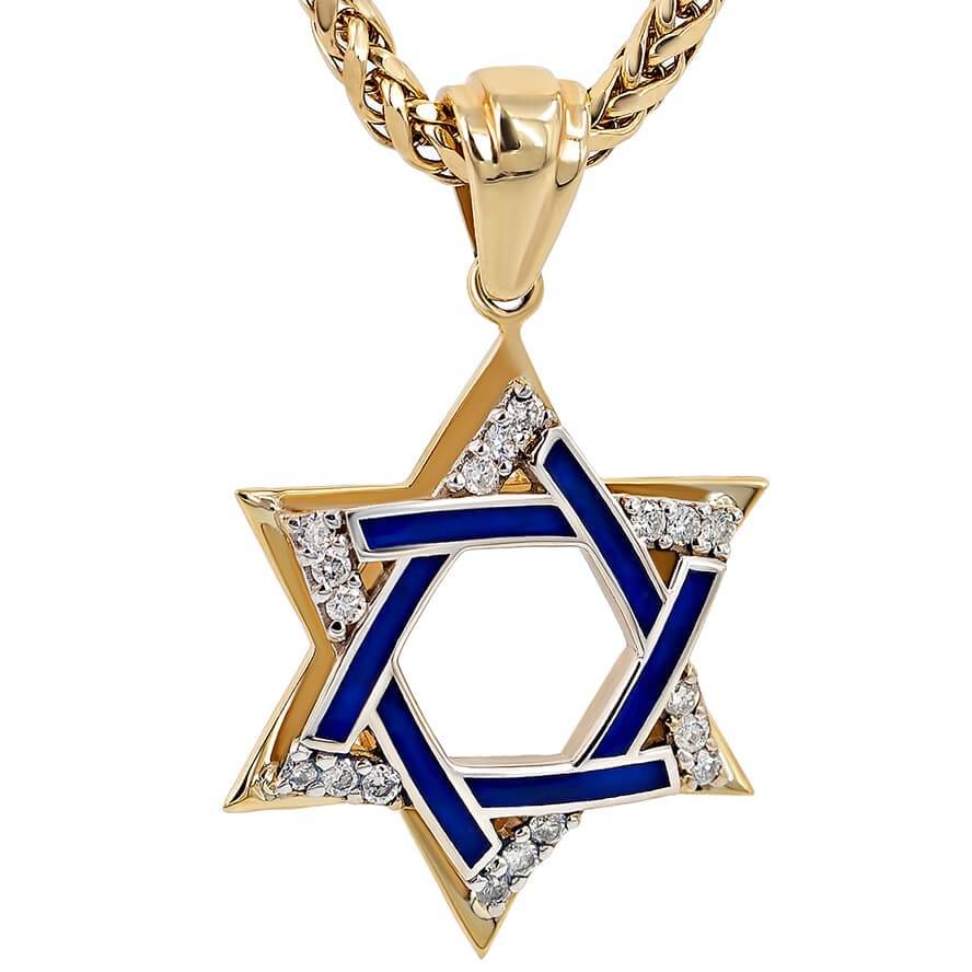 Star of David' 14k Gold Diamond Pendant with Blue Enamel