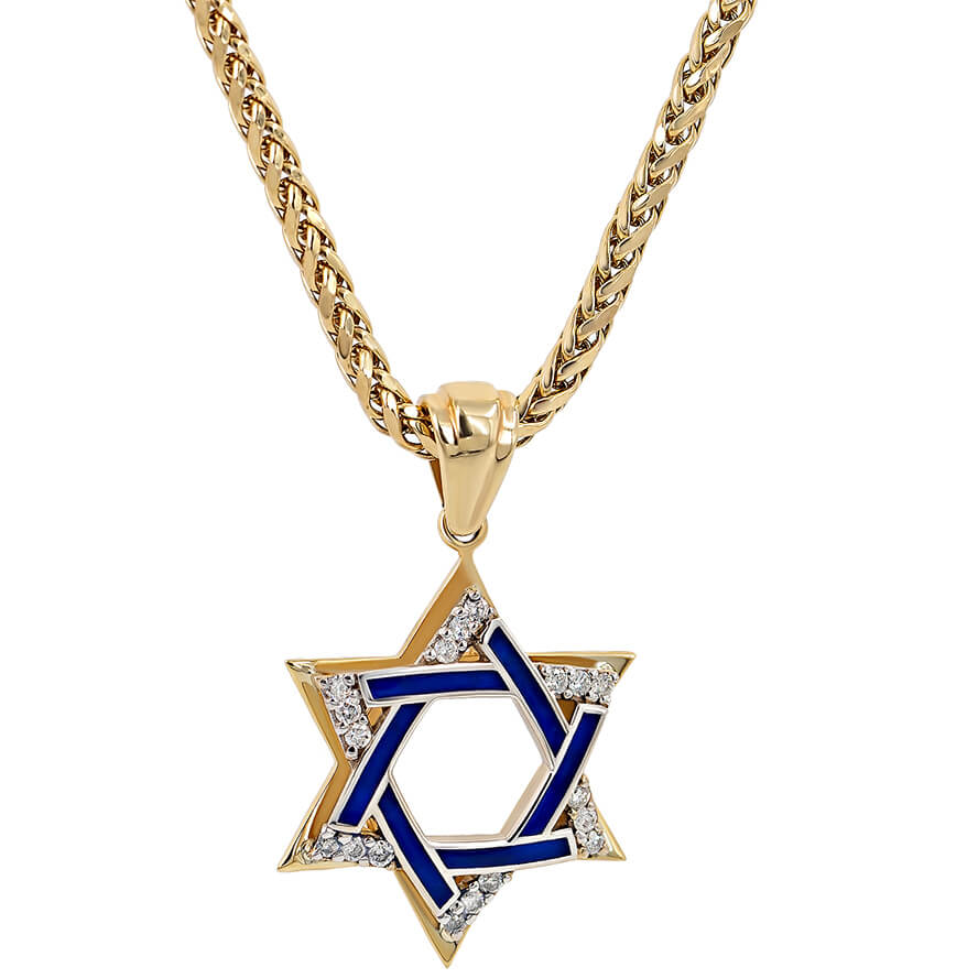 ‘Star of David’ 14k Gold Diamond Pendant with Blue Enamel (with chain)